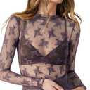 KTILG Lace Long Sleeve Top for Women Mock Neck See Through Shirt Fitted Top Floral Sheer Mesh Tops Club wear Grey S