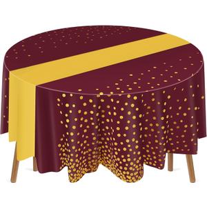 Newwiee 3 Pcs 84 Inch Polka Dot Round Disposable Tablecloths Plastic Table Cover Plastic Table Cloth with Runner Printed for 2025 Graduation Birthday Party Wedding Prom (Maroon)