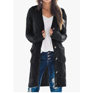PRETTYGARDEN Long Sleeve Cable Knit Long Cardigan for Women 2025 Fall Winter Chunky Open Front Button Sweaters with Pockets. Size:M, Black