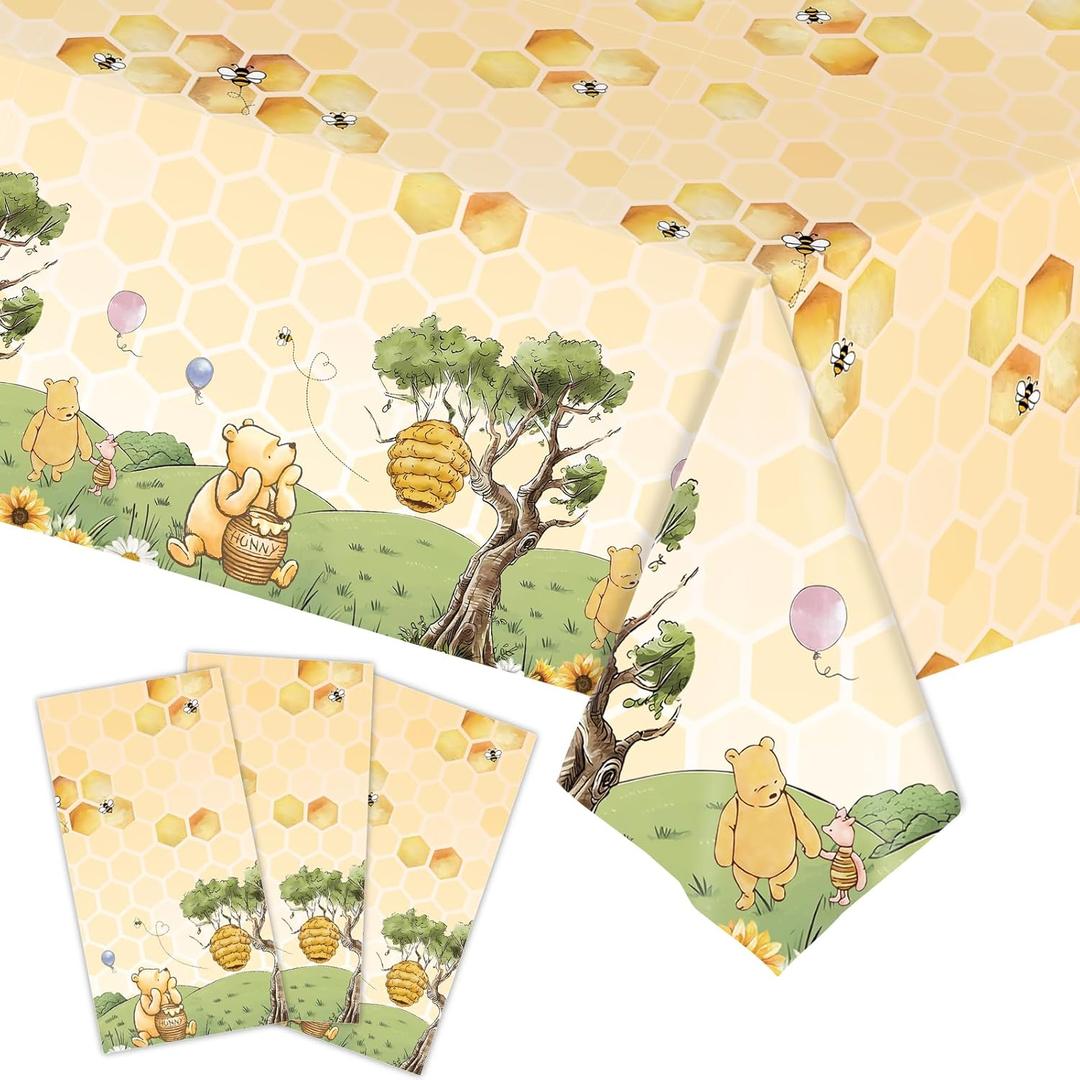WISSLERMER 3pcs Party Tablecloth Bear Baby Shower Tablecloths Classic Bear Disposable Thickened Plastic Table Cover for Kids 1st 2rd Baby Party Supplies 54x108Inches (Yellow)