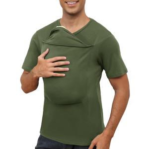 ThusFar Mens Baby Carrier Shirt Dad Shirt for Men Short Sleeve Baby Wearing T-Shirt V Neck Pocket Tee Shirts (Green, L)