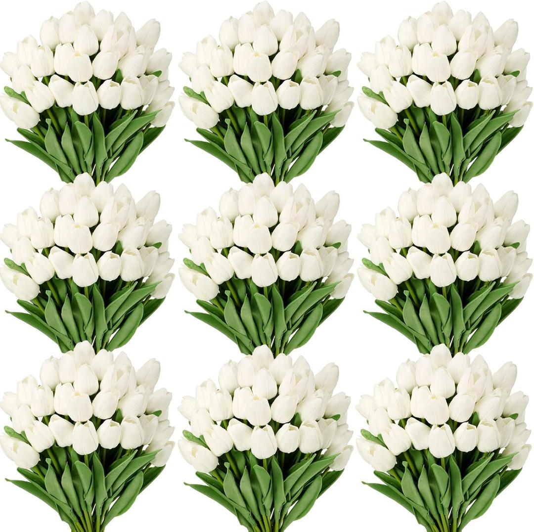 Yunlly 200 Pcs White Artificial Tulips Bulk PU Faux Tulips with Stem Bouquet Centerpieces Real Touch Fake Flower for Wedding Arrangement Bouquets Party Decorations(White)