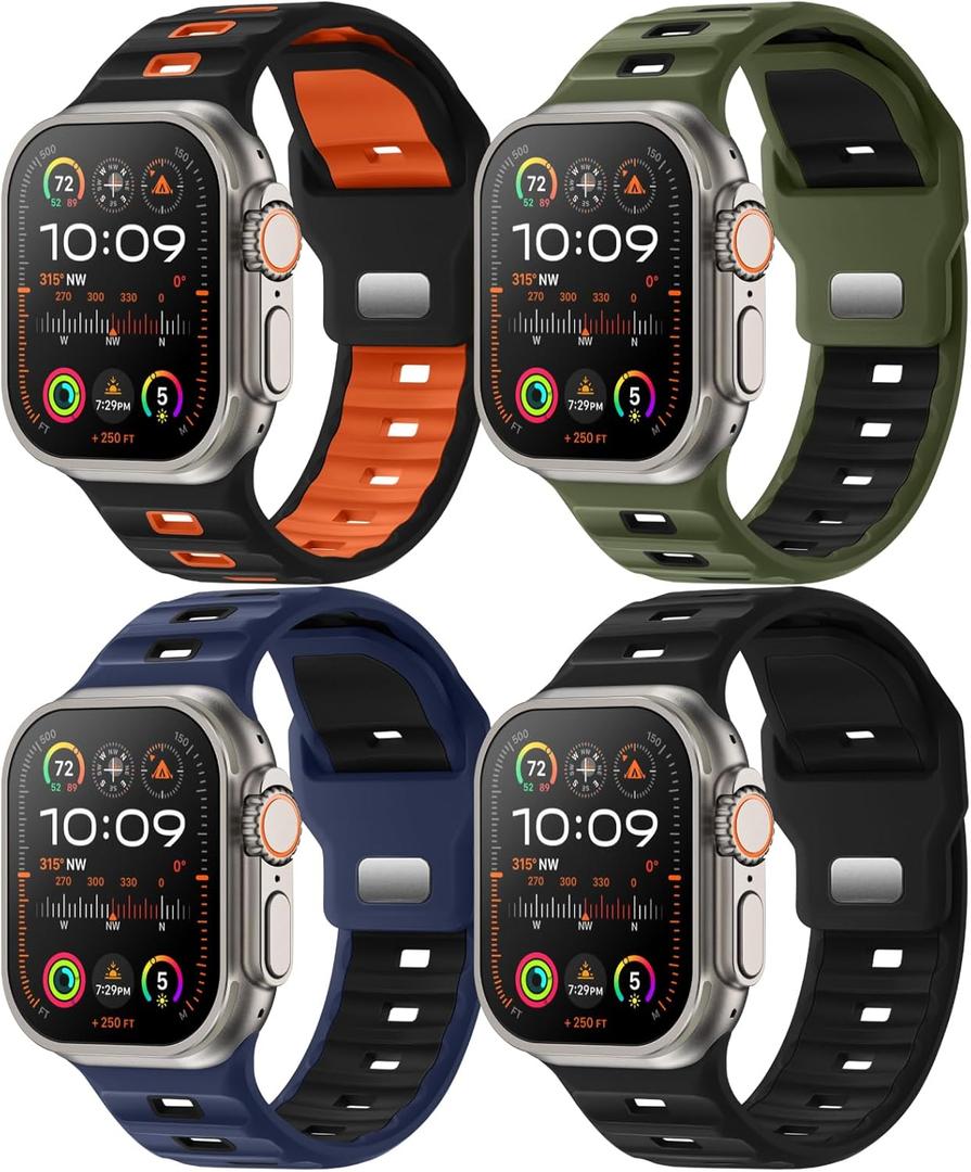 4-Pack Sport Bands Compatible with Apple Watch Ultra 3/Ultra 2/Ultra Band 49mm 46mm 45mm 44mm 42mm for Men, Waterproof Silicone Strap Soft Breathable Wristband for iWatch Serise 11 10 9 8 7 6 5 4 3 SE3/SE (OliveGreen Black/NavyBlue Black/Black Orange/All Black)
