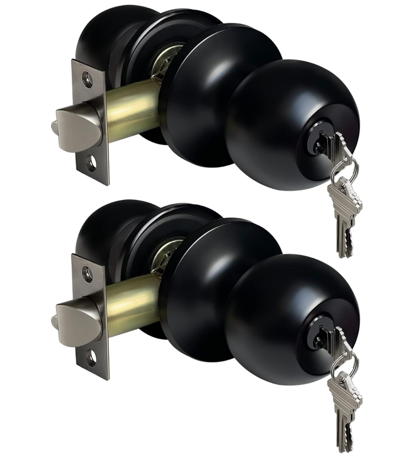 BESTTEN 2 Pack Door Knob with Lock and Key, Keyed Different, Matte Black