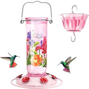 Kingsyard Hummingbird Feeder for Outdoor Hanging - Charming Patterned Glass Humming Bird Feeder with 6 Feeding Ports and Ant Moat, Ideal Gift Choice for Bird Lovers, Pink