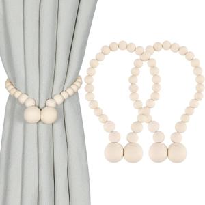 KLOGTSIND Magnetic Curtain Tiebacks, Curtain Holdbacks for Curtains 2 Pack, Wood Bead Curtain Holders for Boho Bedroom Decor, Baby Nursery Decor, Farmhouse Decor