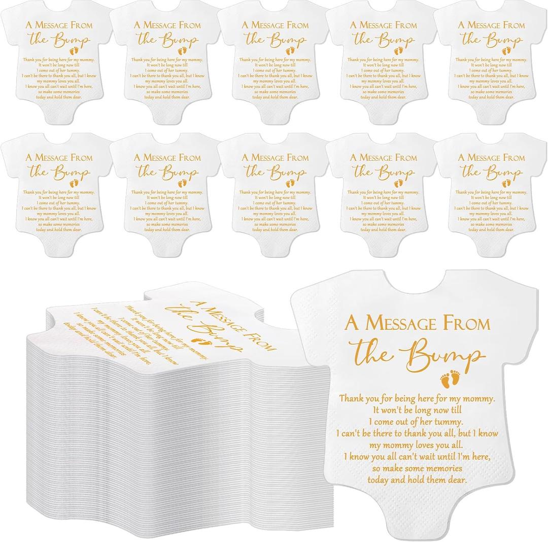 Colarr 100 Pcs Small Baby Shower Napkins Bodysuit Shape Gender Reveal Decorations Party Napkins a Message from the Bump Cocktail Disposable Paper for Baby Shower Thank You Gift (White)