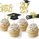 24Pcs Graduation Cupcake Toppers, Graduation Cupcake Picks for Cupcake Food Decorations - Class of 2025 Cupcake Toppers Supplies (Gold) (Yellow)