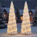 Leyndo 2 Pcs 5 ft Collapsible Artificial Christmas Tree with LED Light Pre Lit White Sequined Pop Up Tinsel Pencil Skinny Xmas Tree for Indoor Home Fireplace Decoration