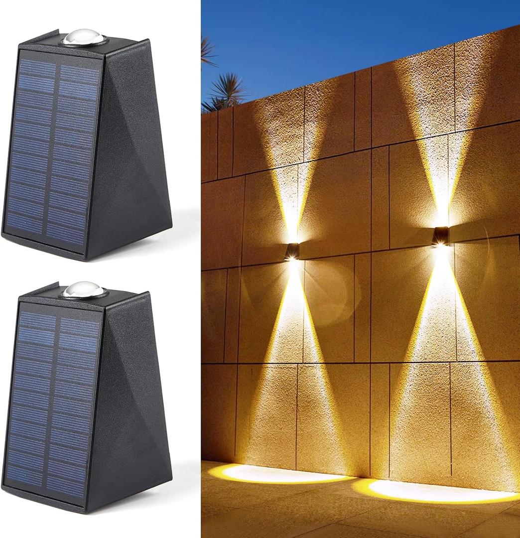 LUHLEE Solar Wall Lights Outdoor, Upgrade 2000mAh Wall Sconce IP65 Waterproof, Wall Mounted Solar Outdoor Lights for House Porch Fence Patio Pergola Garage Backyard Garden(Warm White, 2 Pack)