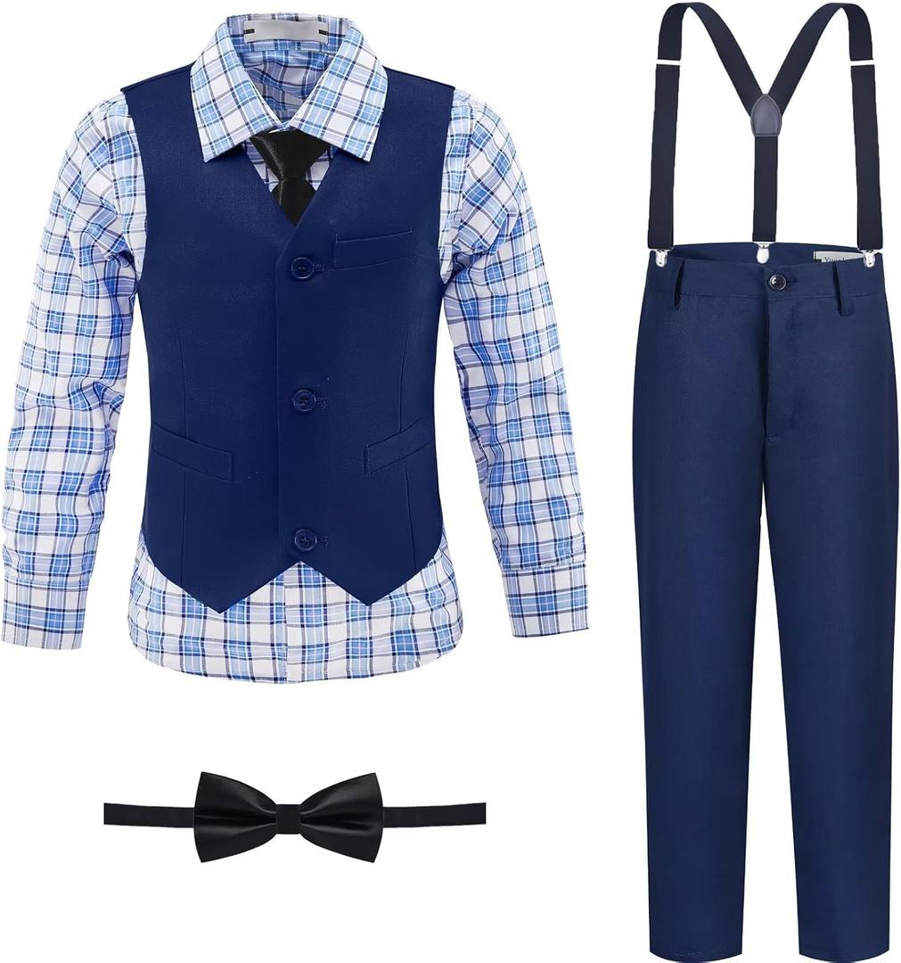 Boys' Suit Kids Formal Tuxedo Suits for Boys Wedding Outfits Dress Vest Pants Suspenders Set Adjustable Waist (Blue, 12Y)