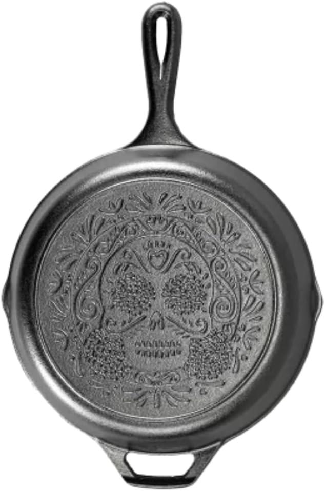 Lodge 10.25 Inch Pre-Seasoned Cast Iron Stamped Skillet - Signature Teardrop Handle - Use in the Oven, on the Stove, on the Grill, or Over a Campfire - Sugar Skull