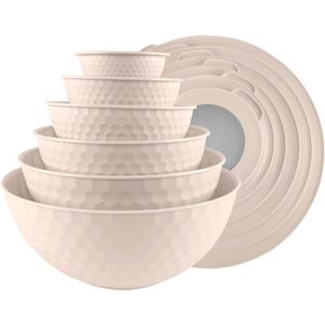 COOK WITH COLOR Mixing Bowls with Lids - 12 Piece Plastic Nesting Bowls Set includes 6 Prep Bowls and 6 Lids, Non Slip Bottom and Embossed Design - Microwave Safe (Cream) (Cream Embossed)
