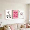3Pcs Trendy Pink Preppy Canvas Wall Art Cute Girly Coquette Disco Cherry Pictures Wall Decor Preppy Room Decor Aesthetic Posters Prints for College Apartment Dorm Decoration 16x24in