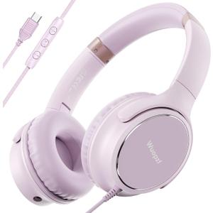 USB C Wired Over-Ear Headphones with Microphone, Volume Control, Share Port, and Adjustable Headband Foldable Stereo Headset for Adult/Teens for iPhone 16, Laptop, Gaming, Travel (Pink)