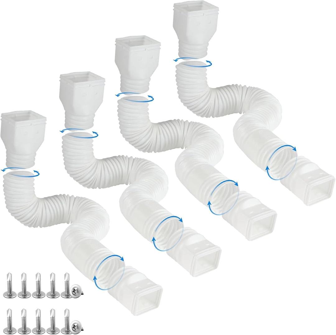 plusgutter 4 Pack Rain Gutter Downspout Extensions Flexible, Drain Downspout Extender,Down Spout Drain Extender, Gutter Connector Rainwater Drainage,Extendable from 21 to 68 Inches(White)