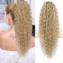 Flufymooz Ponytail Extension, 26 Inch Bohemian Style Drawstring Ponytail Hair Extensions for Women, Long Curly Wavy Pony Tail Natural Synthetic Hairpiece for Women (Golden Blonde with Highlights)