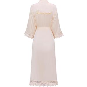 Women's Lace Trim Long Satin Kimono Bridal Robes for Bride and Bridesmaid - Wedding Gifts (Beige)