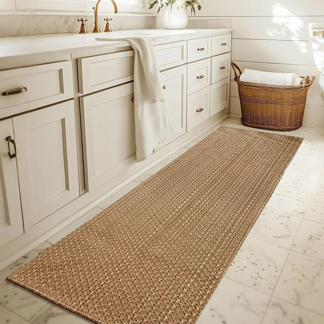 Bathroom Runner Rug,Boho 2x6 ft Hallway Runner,Braided Style Neutral Kitchen Runner Rugs,Faux Jute Rug with Rubber Backing,Machine Washable Solid Entryway Runner Non Slip,Tan Brown