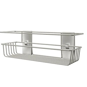 Wall-mounted organizer designed to hold shower essentials like shampoo, body wash, and soap.