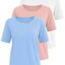Huukeay 3 Pcs Womens Half Sleeve Top Elbow Length T Shirt Women Round Neck Basic T Shirt Summer Casual Blouses(Large,Coral Pink, Sky Blue, White)