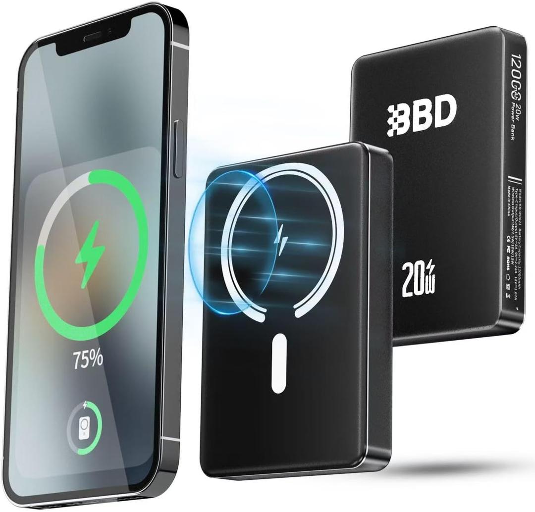 BBD Magnetic Power Bank for iPhone,12000mAh Magsafe Battery Pack with 20w Fast Charging,Slim Magsafe Power Bank USB C in&Out,Wireless Portable Charger for iPhone 16/15/14/13/12 Series 1 Pack