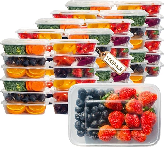Disposable Food Container Box BPA-free, 16oz Plastic Food Storage Container w/Lids 100 sets, Square Food Meal Prep Containers To Go for Gym Office Microwave Freeze Safe, Clear