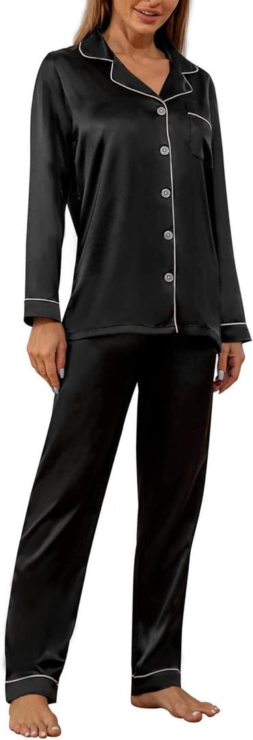 YIMANIE Womens Pajamas Silk Satin Pajama Sets for Women Soft Button Down Womens Loungewear Set with Pockets (Medium, Black-long)