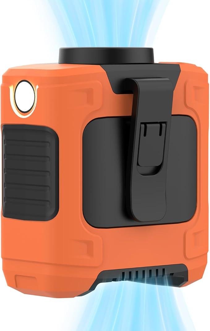Portable Waist Fan 10000mAh Rechargeable Waist Clip Fan 18000RPM With Max 12H Working Time 3-speed adjustment with LED flashlight Portable Fan for Outdoor Jobsite and etc(Orange)