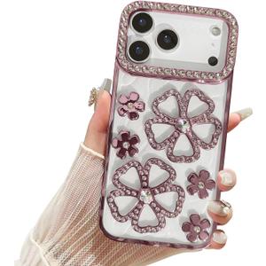Compatible with iPhone 17 Pro Max Flower Case,Cute Glitter Bling 3D Diamond Flower with Luxury Rhinestone Floral Women Girls and Sparkly Shiny Slim Shockproof Case for iPhone 17 Pro Max -Pink