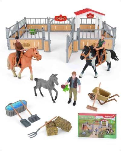 DuDuMo Horse Stable Playset, Horse Gifts for Girls and Boys with 3 Horses and 2 Riders, Horse Toys Set Farm Animals Toys for Kids 3 4 5 6 7 8+ (New Model), Green