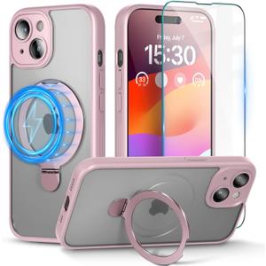 pcgaga Magnetic Phone Case for iPhone 15 Plus [Compatible with MagSafe ] [Built-in Invisible Stand] + Screen Protector, Translucent Matte PC Cover with Slim TPU Frame 6.7" (Pink)