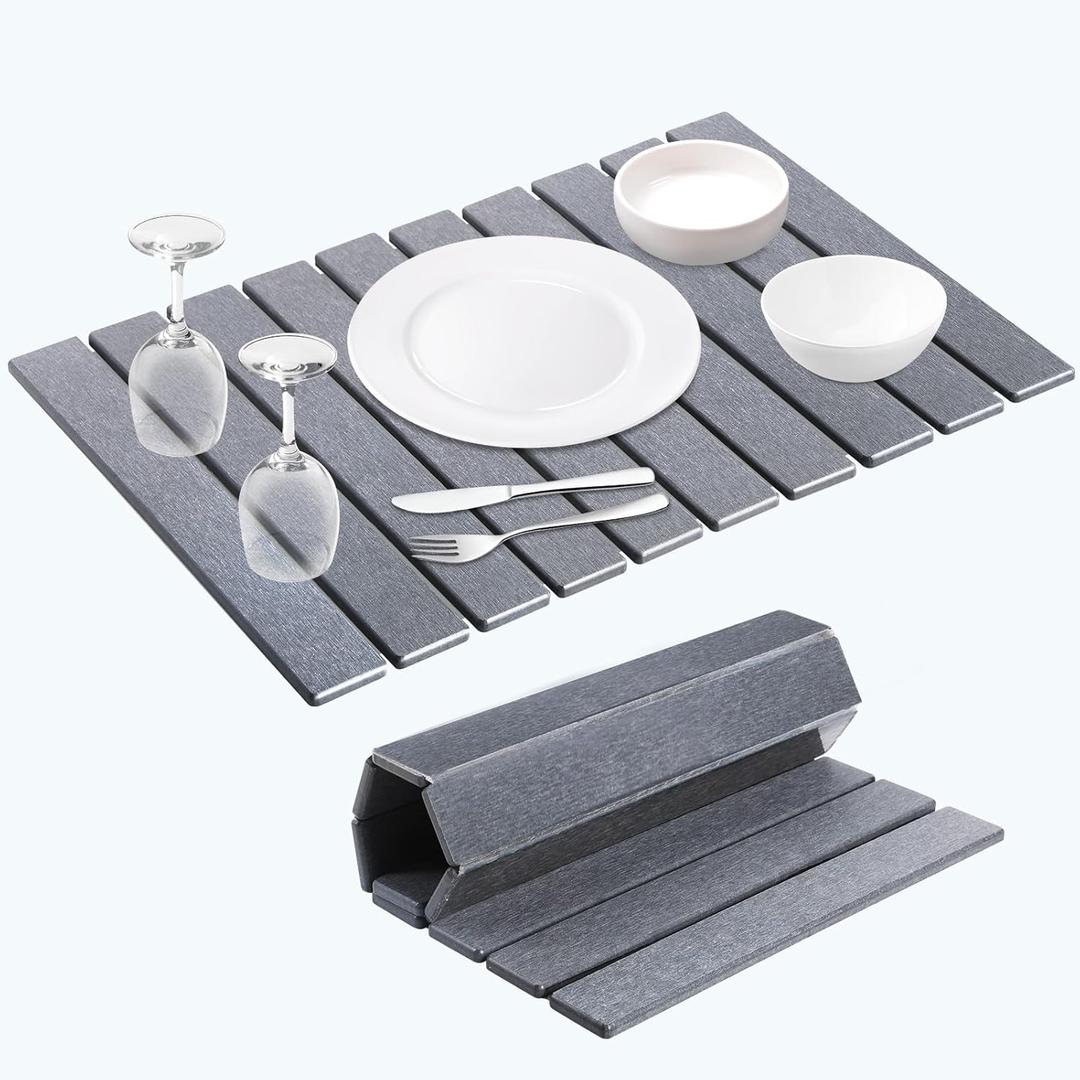 Large Stone Dish Drying Mat for Kitchen Counter, 23"15" Collapsible Quick Drying Stone Mat, Super Absorbent, Non-Slip Diatomaceous Earth Dish Drying Mats for Bottles Cups, Match Any Countertop (Dark Gray)