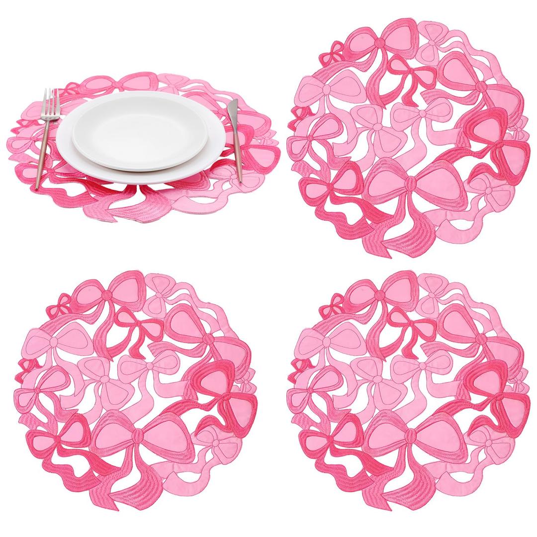 Gandeer 4 Pcs Pink Bow Placemats Coquette Embroidered Place Mats Pink Cotton Decorative Table Mats for Home Wedding Baby Shower Birthday Party Decor(Round Hollow)