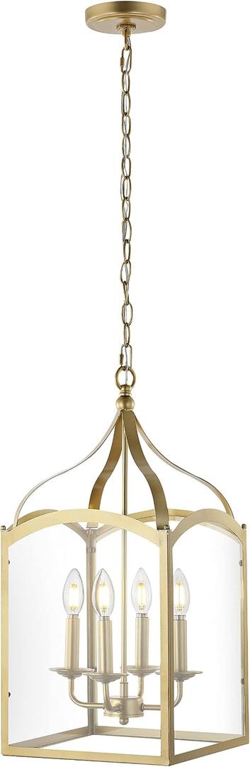 JONATHAN Y 11" Antique Gold 4-Light Traditional Lantern Pendant Light, Metal and Clear Glass Shade, Classic Chandelier for Foyer, Kitchen Island, LED Bulbs Included (JYL7403C)