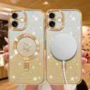 NITITOP Compatible with iPhone 16 Plus Case Cute Clear Glitter [Compatible for MagSafe] Plating Heart Sparkle Bling Magnetic Girl Women Electroplated Frame Camera Protection Back Cover - Gold