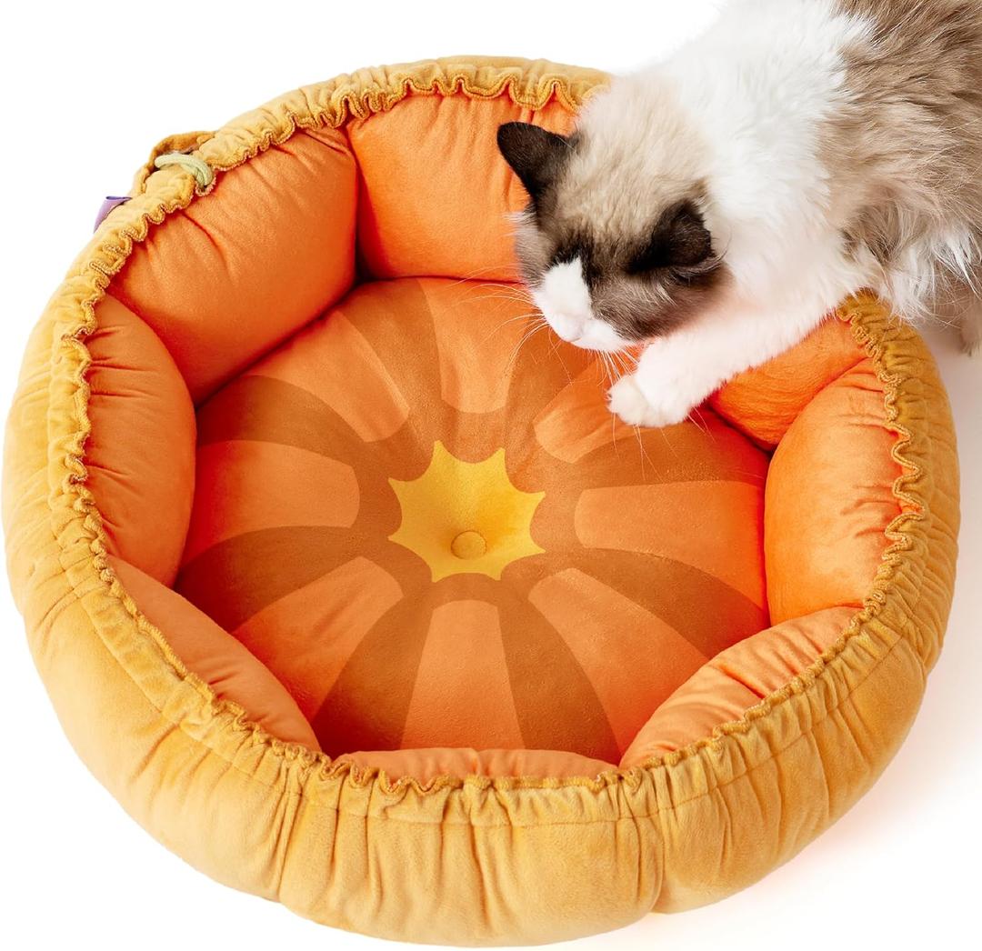 Lesure Cat Beds for Indoor Cats - Washable Cute Cat Beds with Versatile Dual-Use Design, Reversible Donut Pet Bed for Puppy and Kitten, 21x21x7 Inches (Small, Pumpkin)