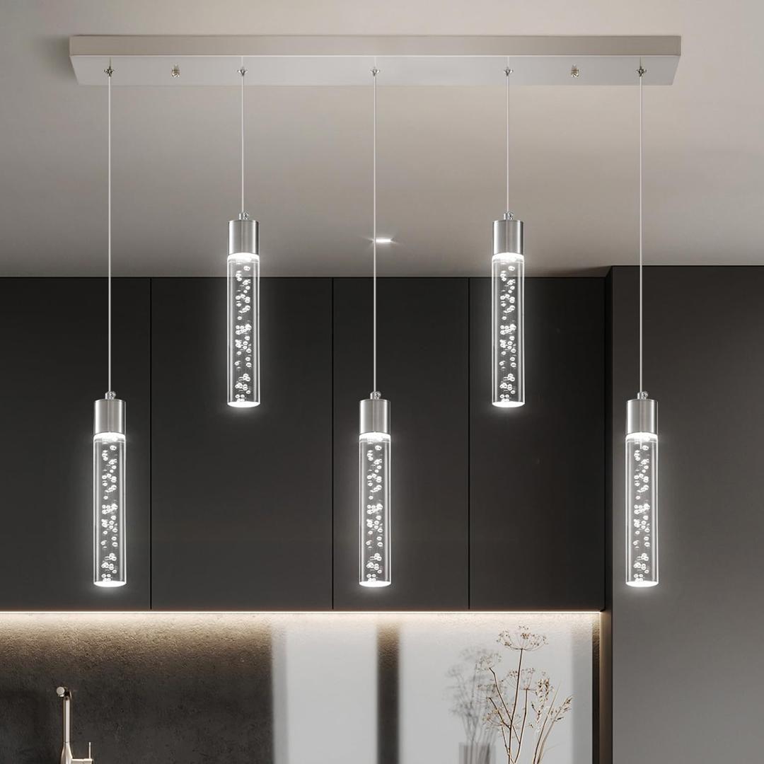 Pendant Lights LED Kitchen Island Hanging Light Fixture, Dining Room Light Fixture(Brushed Nickel 5-Light 6000K 33W)
