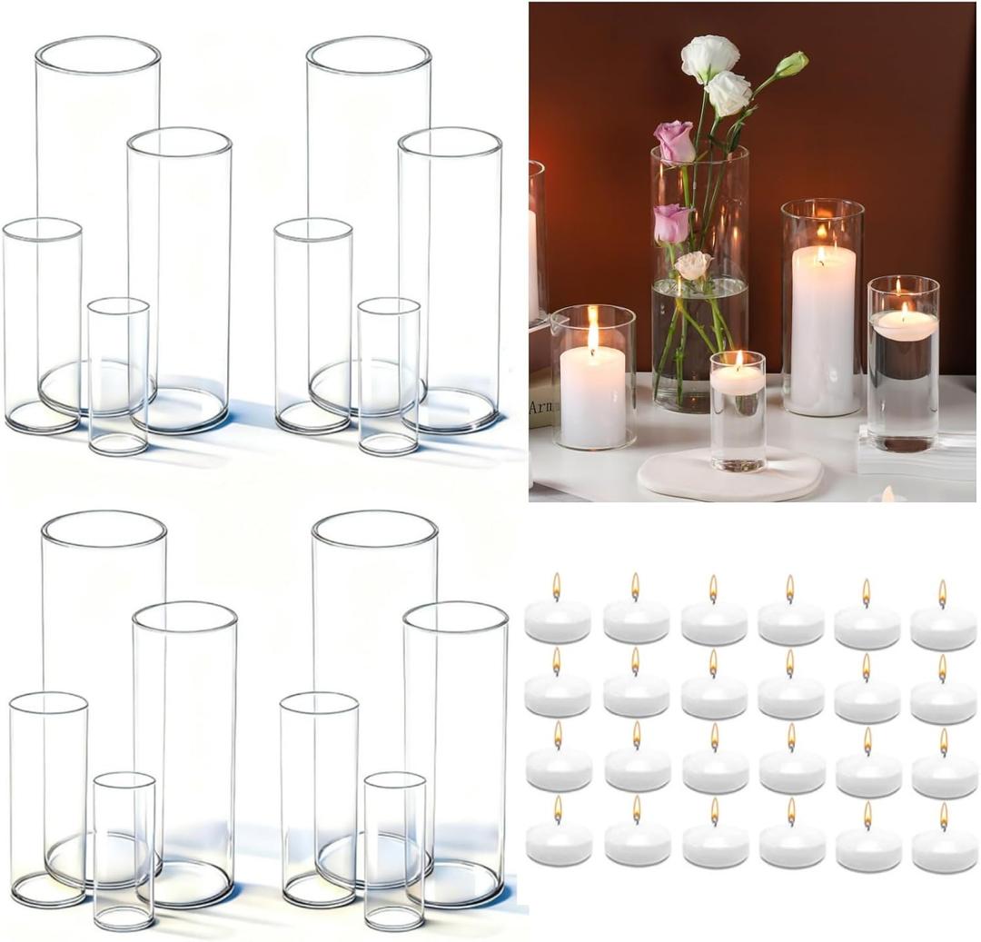 UDU Set of 16 Cylinder Glass Vases and 24 Pcs Floating Candles for Centerpiece, 4,6,8,10 Inch Tall Clear Hurricane Candle Holder Glass Vases for Centerpiece Table Wedding Home Decor