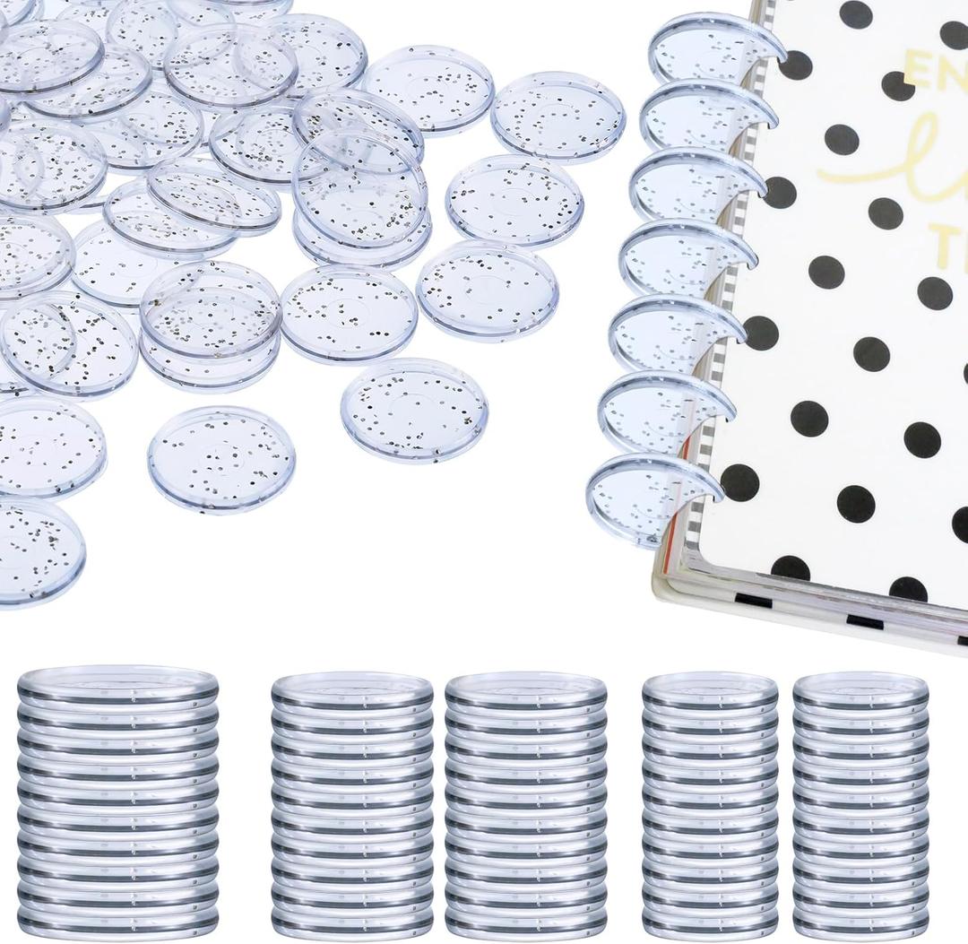 Outus 50 Pieces Expansion Discs Notebooks Planner Discs Book Expansion for DIY Notebooks Planners Clear with Silver Sequins(1, 1.26, 1.5 Inch)