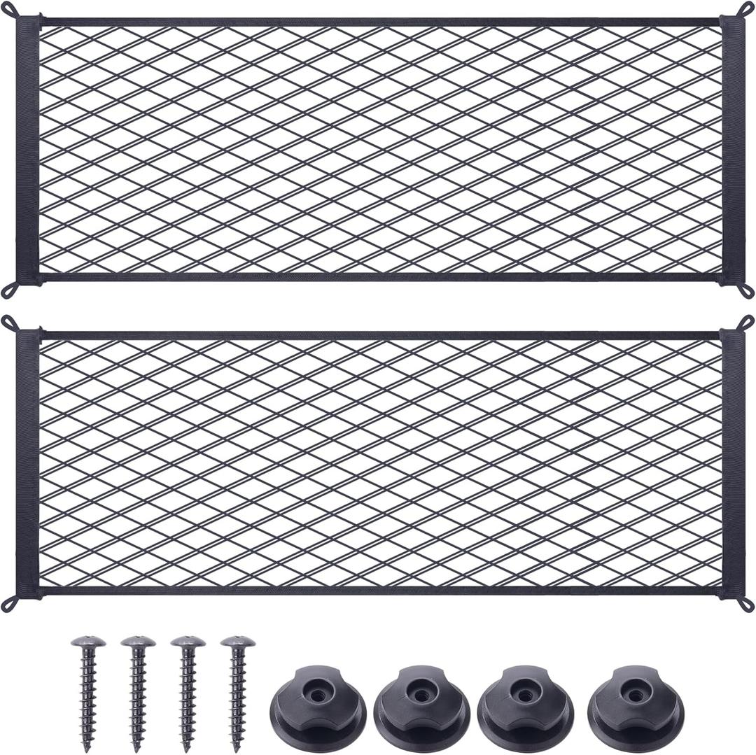 2 Pcs Universal Stretch Mesh Car Mesh Bag with Screws and Hooks for Trunk RV Boats Home Cargo Storage (25.6'' x 9.8'')