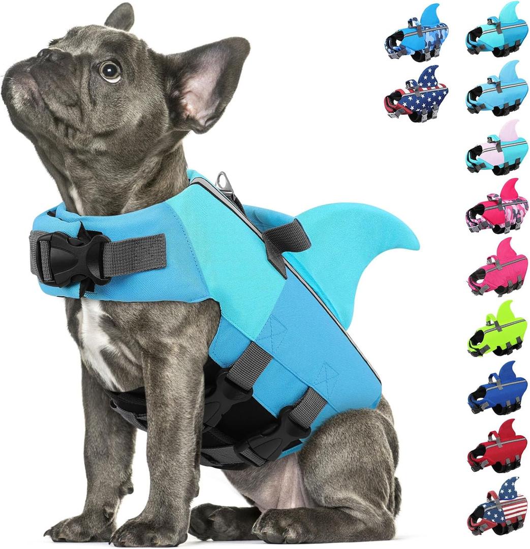 Dog Life Jacket Shark Life Vest for Dogs, Adjustable Swmming Vest with High Buoyancy, Safety Lifesaver with Rescue Handle for French Bulldog Small Medium Breeds, PoolBlue Large