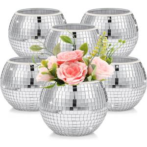 6 Pieces Disco Ball Flower Vase Mirror Disco Ball Glass Vase Planter Candle Holder Glass Vase Bulk for Wedding Centerpieces Bedroom Kitchen Office Decoration Birthday(Silver, 3 x 4 Inch)