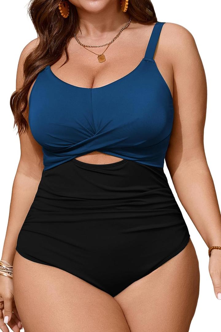 CICIDUDU Women's Plus Size One Piece Swimsuit with Ruching Tummy Control Bathing Suit Cutout Twist Front Swimwear (Black, XXL)