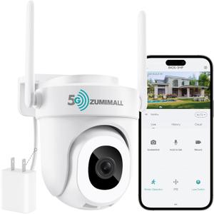 ZUMIMALL WiFi Security Camera Outdoor Wired, 2.4G/ 5G, 355° Rotation, Cloud & SD Card Storage, 24/ 7 Recording, 3MP Full Color Night Vision, AI Detection, 2-Way Audio, PTZ Auto Tracking, Support Alexa