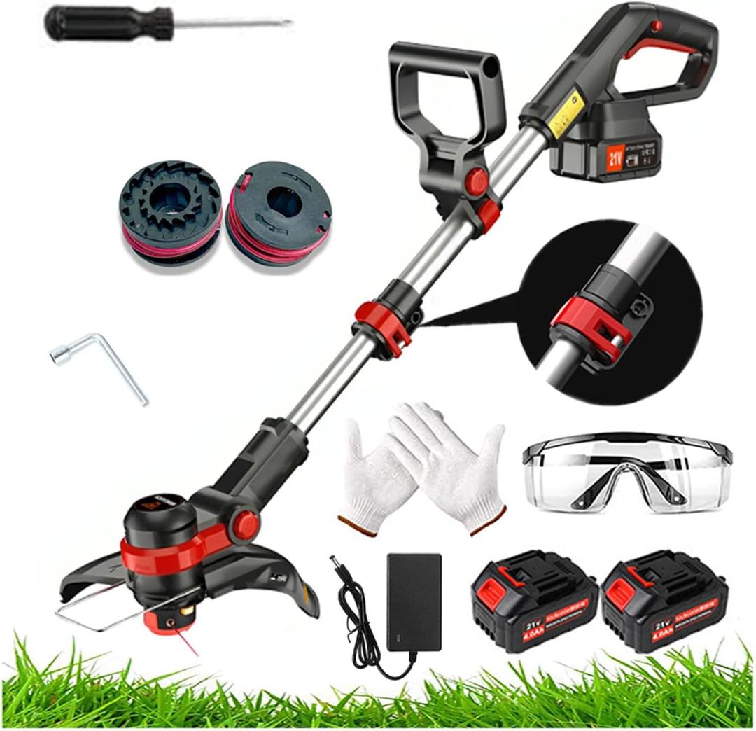 String Trimmers 21V 8-inch Cordless Weed Trimmer with Auto Line Feed, 2 X 2.0Ah Battery Powered Grass Cutter Lawn Edger Fast Charger Included (Black and red)