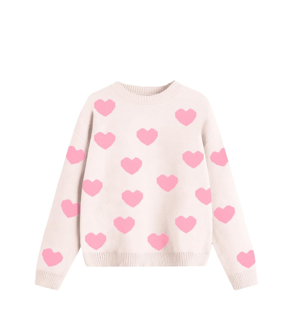 Women's Love Heart Sweater Long Sleeve Multi-Heart Print Regular Fit Knit Top Size S