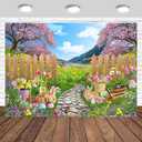 Spring Flowers Grass Easter Backdrop 7x5ft Colored Egg Green Grass Pink Floral Garden Landscape Scenery Photography Background Rabbit Easter Party Banner Photo Studio Props