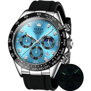 OLEVS Men's Watches Chronograph Multifunction Sport Silicone Luxury Diamond Moon Phase Quartz Male Watch Waterproof Wrist Watch (Blue)