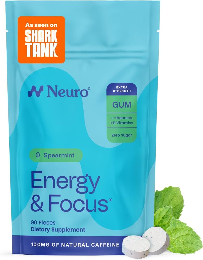 Neuro Energy & Focus Gum, Extra Strength - 100mg Natural Caffeine Gum & Nootropic Energy Supplement with L-Theanine & B Vitamins - Sugar Free, Vegan - Spearmint, 90ct